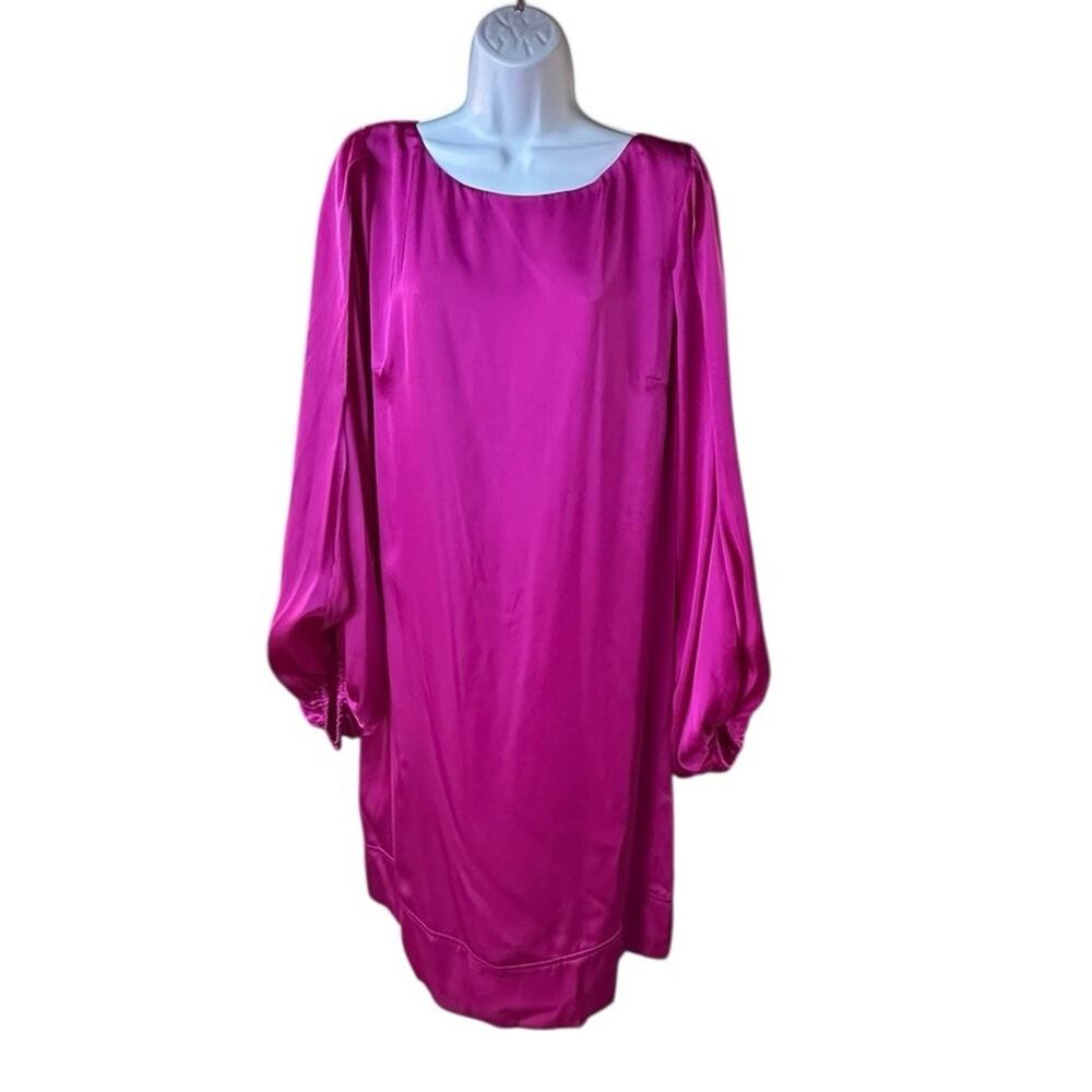 Cache Y2K Satin Shift Dress Split Balloon Sleeves Magenta Pink Size 12